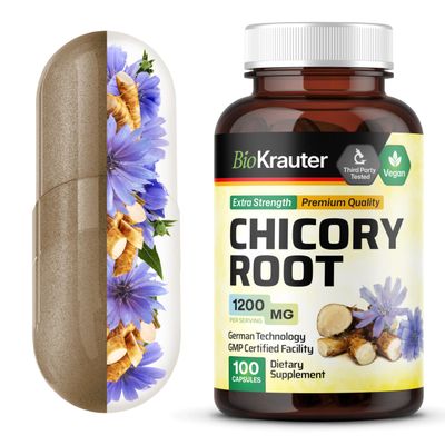BIO KRAUTER Chicory Root for Gut & Digestive Support - Pure Vegan Prebiotics & Fiber Supplement in Capsules 1200 mg per Serving 100 Count - No Fillers, Non-GMO - 25 Days of Supply