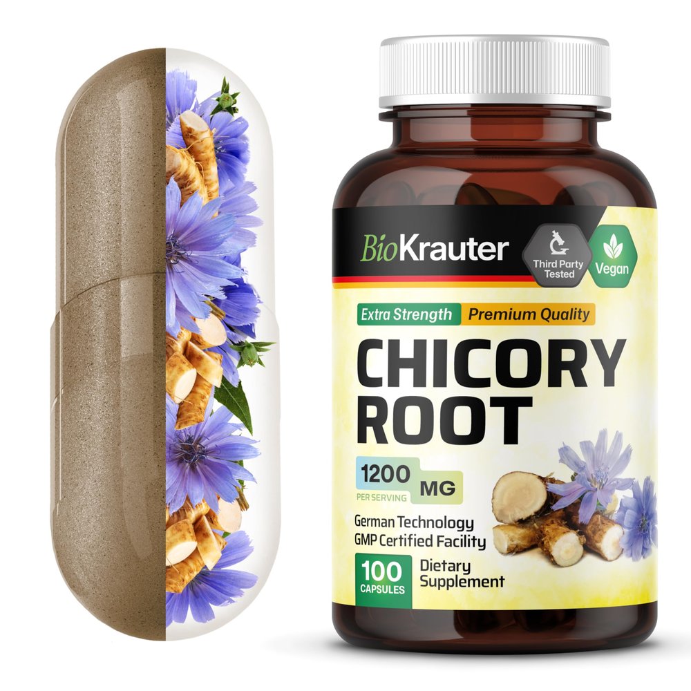 BIO KRAUTER Chicory Root for Gut & Digestive Support - Pure Vegan Prebiotics & Fiber Supplement in Capsules 1200 mg per Serving 100 Count - No Fillers, Non-GMO - 25 Days of Supply