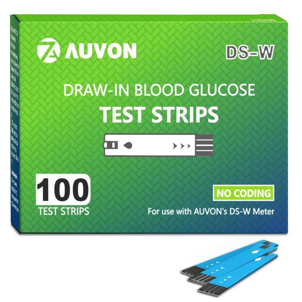 AUVON DS-W Draw-in Blood Glucose Test Strips for use with AUVON DS-W Diabetes Sugar Testing Meter (No Coding Required, 100 Count)