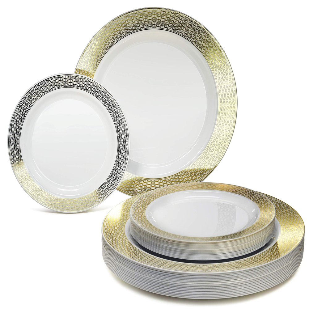 OCCASIONS 120 Plates Pack,(60 Guests) Heavyweight Premium Wedding Party Disposable Plastic Plates Set -60 x 10.5'' Dinner + 60 x 7.5'' Salad/Dessert (Diamond in White & Gold)