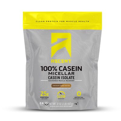 Ascent Casein Protein Powder - 25g Micellar Casein Powder with Zero Artificial Flavors & Sweeteners, Gluten Free, No Added Sugar, 4.9g BCAA, 2.2g Leucine - Chocolate Peanut Butter, 2 Pounds