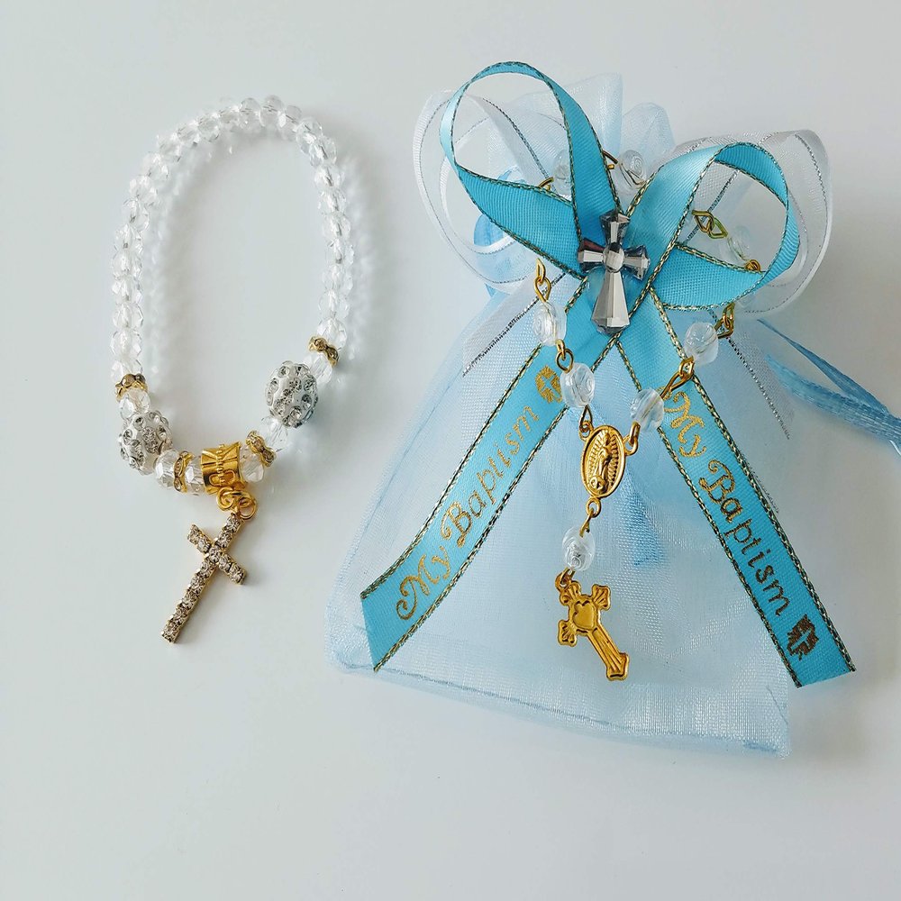 12 Blue Organza bags for Baptism with 12 Bracelets