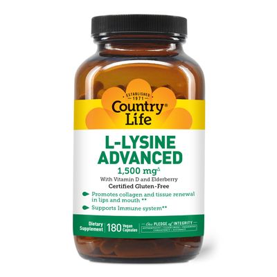 Country Life L-Lysine 1500mg Capsules with Vitamin D & Elderberry Advanced Immune Support and Collagen Renewal Certified Gluten-Free & Vegan 180 Capsules