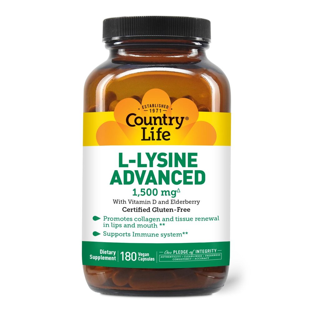 Country Life L-Lysine 1500mg Capsules with Vitamin D & Elderberry  Advanced Immune Support and Collagen Renewal  Certified Gluten-Free & Vegan  180 Capsules