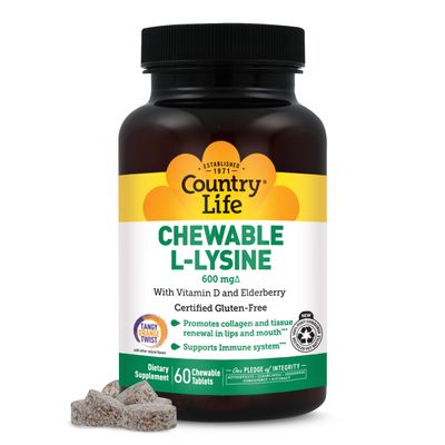 Country Life Chewable L-Lysine Supplement with Vitamin D and Elderberry, Immune Support and Collagen Renewal for Skin Tissue, Ideal for Adults