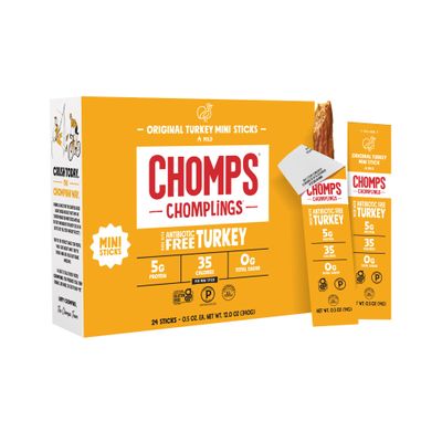 Chomps Snack Size Original Turkey Jerky Meat Sticks, ABF Turkey, Keto, Paleo, Whole30 Approved, Low Carb, High Protein, Gluten Free, Sugar Free, 35 Calories, 0.5 Oz (Pack of 24)