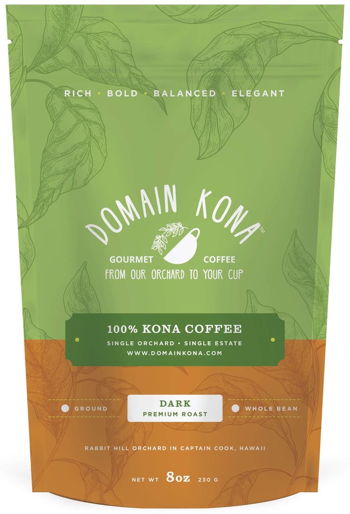 100% Kona Coffee  Whole Bean, Dark roast, Single estate gourmet coffee, 8 ounces, ships direct from Domain Kona Coffee, Farm fresh