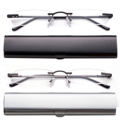 2 Pack Compact Reading Glasses in Tube Slim Rimless Reader in Aluminum Case