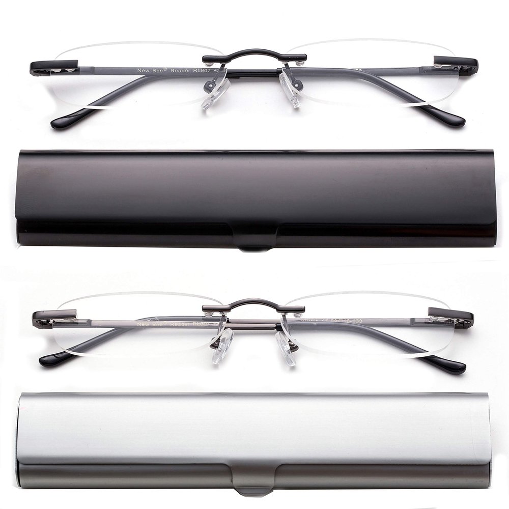 2 Pack Compact Reading Glasses in Tube Slim Rimless Reader in Aluminum Case
