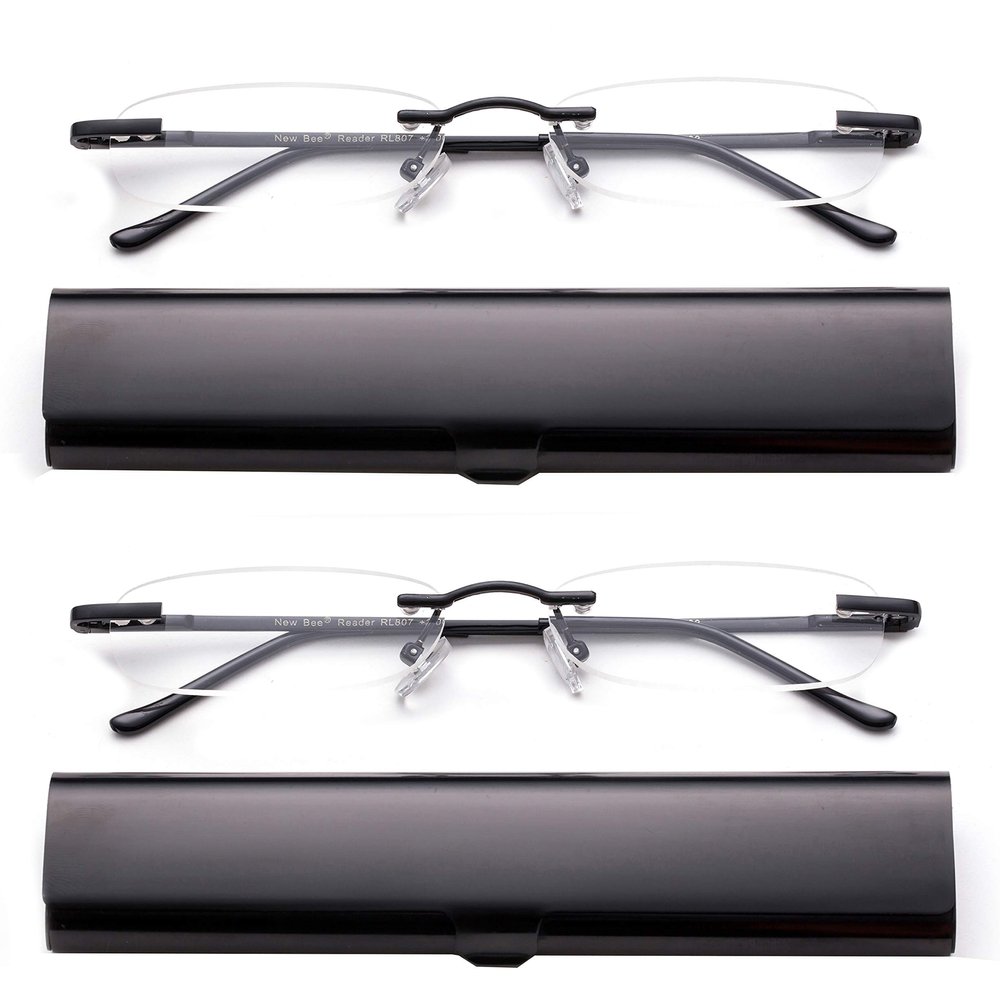 2 Pack Compact Reading Glasses in Tube Slim Rimless Reader in Aluminum Case