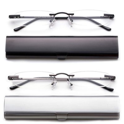 2 Pack Compact Reading Glasses in Tube Slim Rimless Reader in Aluminum Case
