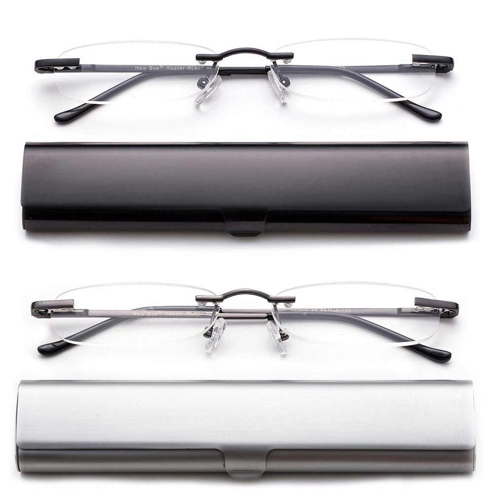 2 Pack Compact Reading Glasses in Tube Slim Rimless Reader in Aluminum Case