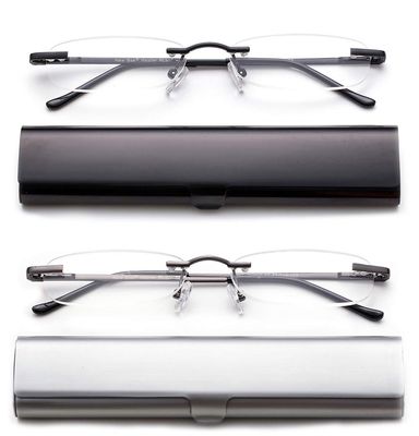 2 Pack Compact Reading Glasses in Tube Slim Rimless Reader in Aluminum Case
