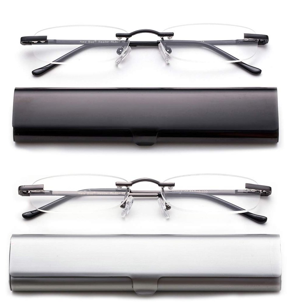 2 Pack Compact Reading Glasses in Tube Slim Rimless Reader in Aluminum Case