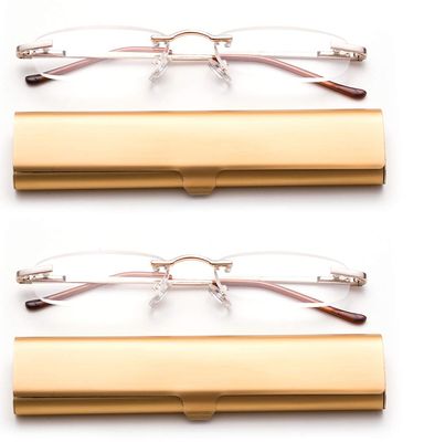 2 Pack Compact Reading Glasses in Tube Slim Rimless Reader in Aluminum Case