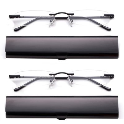 2 Pack Compact Reading Glasses in Tube Slim Rimless Reader in Aluminum Case