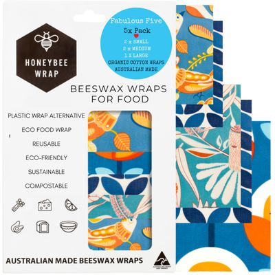 Honeybee Reusable Beeswax Wraps for Food | 5 Pack | Handmade in Australia | Eco Friendly, Organic, Biodegradable, Bee's Wrap for Bowl Covers and Food Storage | Reusable Cling Wrap