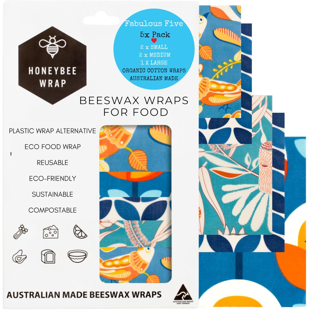 Honeybee Reusable Beeswax Wraps for Food | 5 Pack | Handmade in Australia | Eco Friendly, Organic, Biodegradable, Bee's Wrap for Bowl Covers and Food Storage | Reusable Cling Wrap