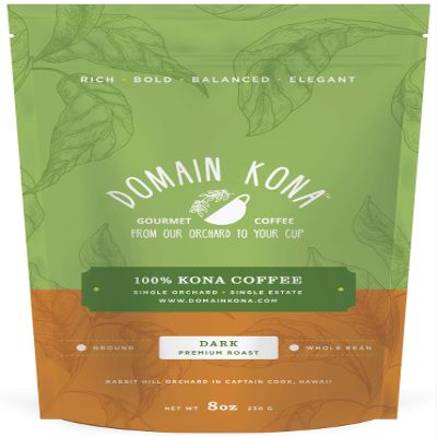 100% Kona Coffee GROUND, Dark roast, Single estate gourmet coffee, 8 ounces, ships direct from Domain Kona Coffee, Farm fresh