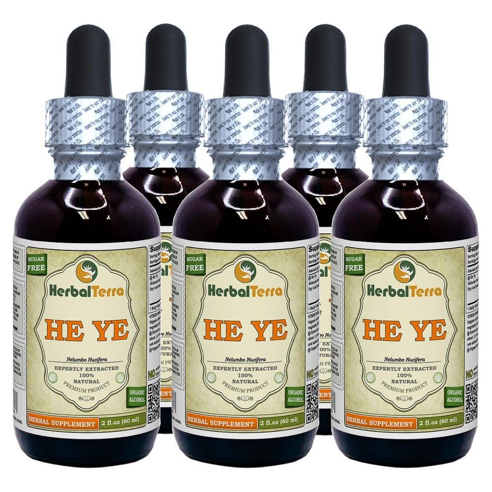 He Ye, Lotus (Nelumbo Nucifera) Tincture, Dried Leaf Liquid Extract (Brand Name: HerbalTerra, Proudly Made in USA) 5x2 fl.oz (5x60 ml)