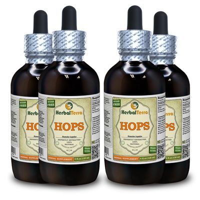 Hops (Humulus Lupulus) Tincture, Organic Dried Flowers Liquid Extract (Brand Name: HerbalTerra, Proudly Made in USA) 4x4 fl.oz (4x120 ml)