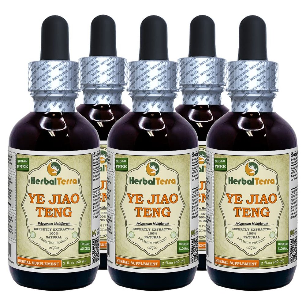 Ye Jiao Teng (Shou Wu Teng), Polygonum (Polygonum Multiflorum) Tincture, Dried Vine Liquid Extract (Brand Name: HerbalTerra, Proudly Made in USA) 5x2 fl.oz (5x60 ml)