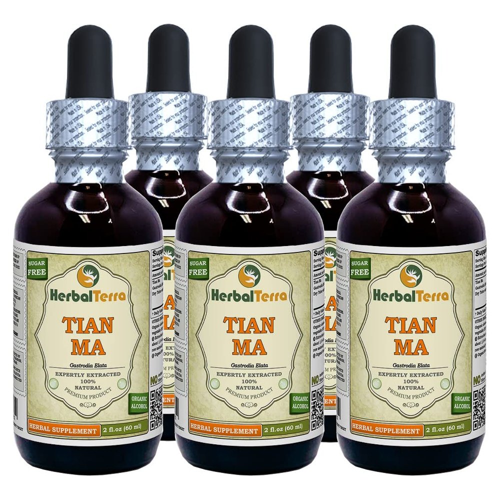 Tian Ma, Gastrodia (Gastrodia Elata) Tincture, Dried Tuber Liquid Extract (Brand Name: HerbalTerra, Proudly Made in USA) 5x2 fl.oz (5x60 ml)