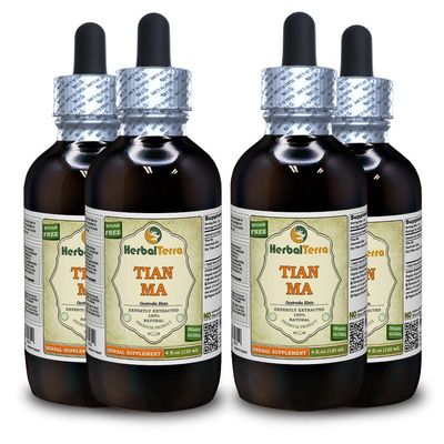 Tian Ma, Gastrodia (Gastrodia Elata) Tincture, Dried Tuber Liquid Extract (Brand Name: HerbalTerra, Proudly Made in USA) 4x4 fl.oz (4x120 ml)