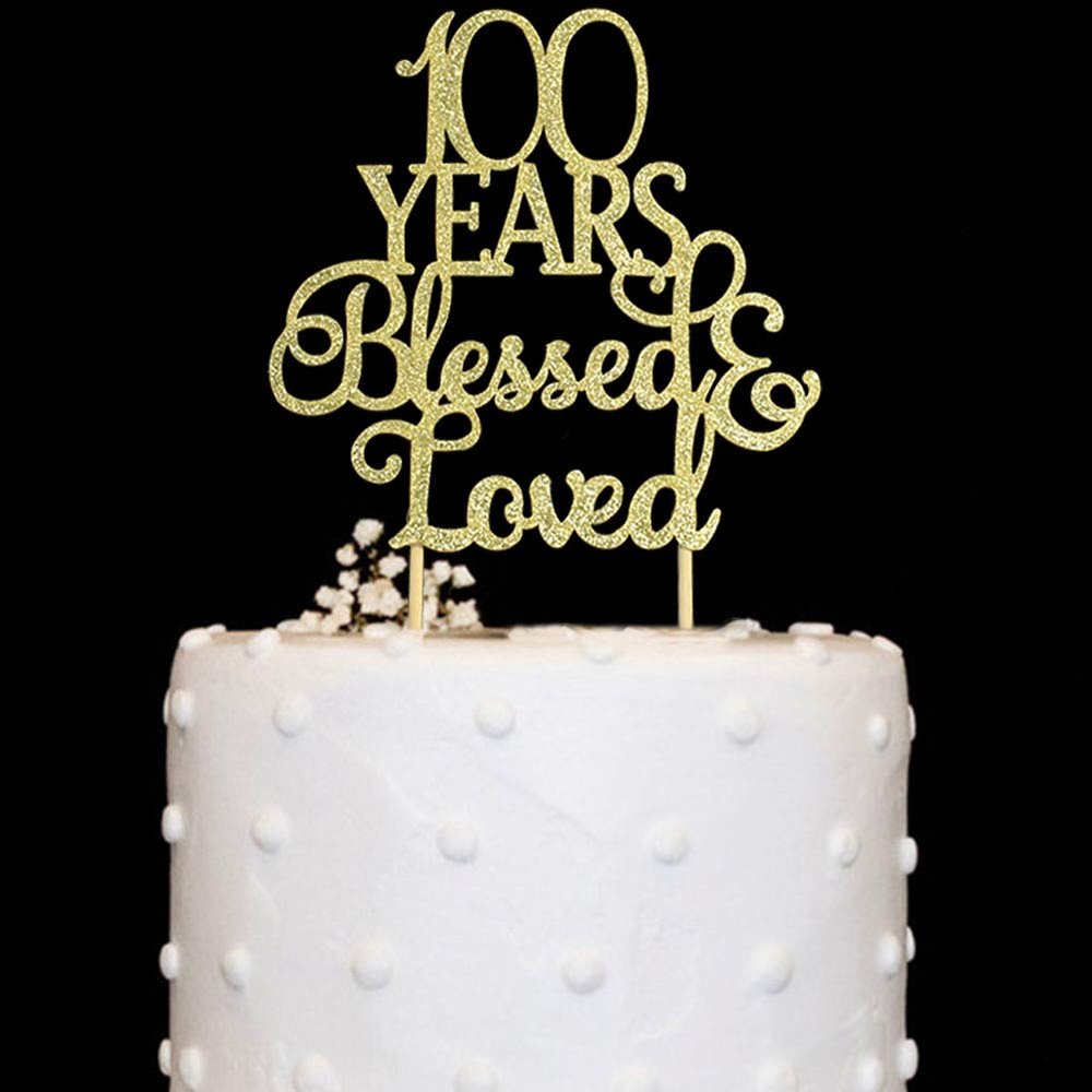 100 Years Blessed & Loved Cake Topper for 100th Birthday, Wedding Anniversary Party Decorations Gold Glitter