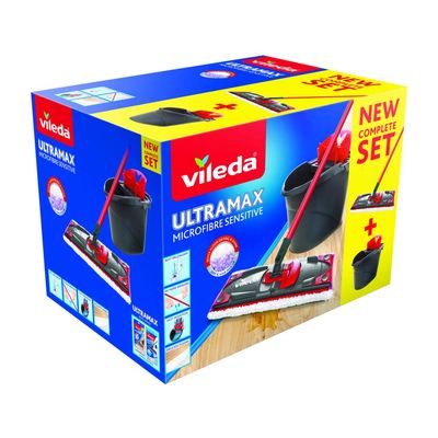Vileda UltraMax Power 2-in-1 Complete Set of Flat Microfibre Mop + Bucket with Wringer