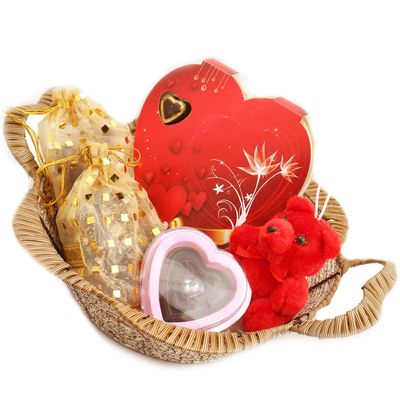 Ghasitaram Gifts Brown Basket Hamper of Chocolates Heart Box, Nutties, Chocolate Brittles,Teddy and Chocolate Heart Game|Gift for Diwali,Holi,Rakhi,Valentine,Christmas,Birthday,Anniversary,Her,Him|