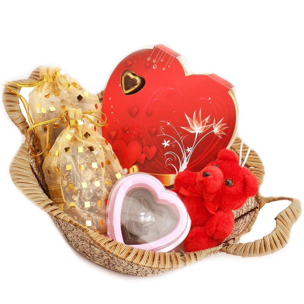 Ghasitaram Gifts Brown Basket Hamper of Chocolates Heart Box, Nutties, Chocolate Brittles,Teddy and Chocolate Heart Game|Gift for Diwali,Holi,Rakhi,Valentine,Christmas,Birthday,Anniversary,Her,Him|