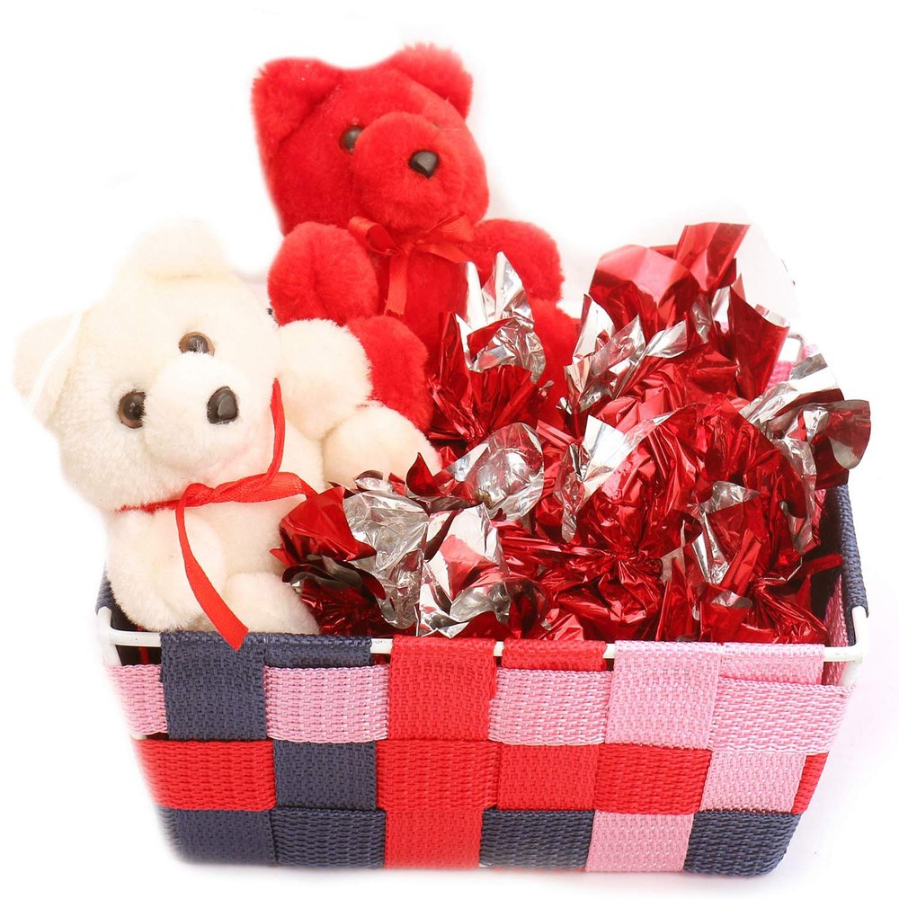 Ghasitaram Gifts for Girlfriend/Boyfriend/Husband & Wife Valentines Chocolate Hamper Colourful Metal Basket with Teddie,Heart Chocolate|Gift for Diwali,Rakhi,Valentine,Birthday,Anniversary,Her,Him|