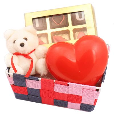 Ghasitaram Gifts Valentines Chocolate Hamper Colourful Metal Basket with Chocolates,Teddy and Nutty Hearts Message Box|Gift for Diwali,Holi,Rakhi,Valentine,Christmas,Birthday,Anniversary,Her,Him|