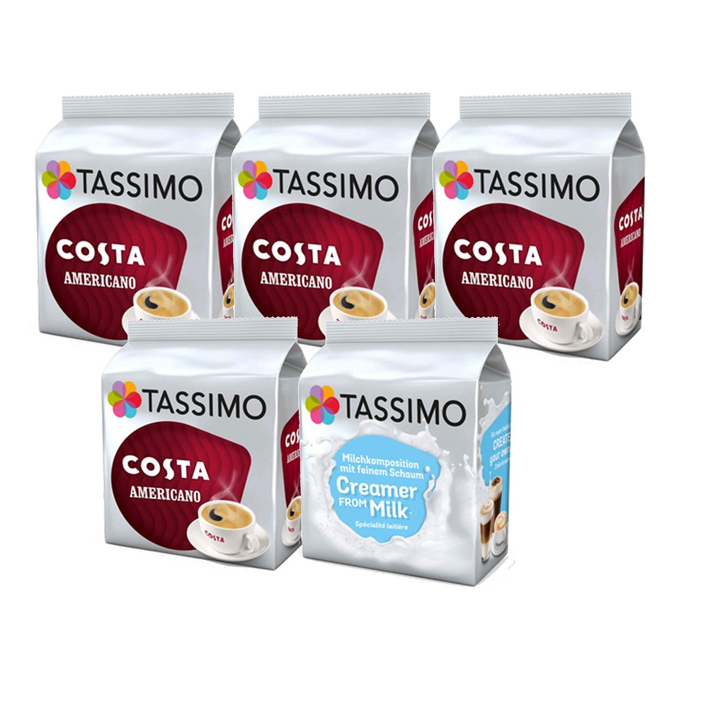 Tassimo Costa Coffee Bundle - Costa Americano/Milk Creamer - 5 Packs (64 Drinks)