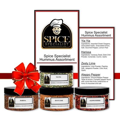 Hummus Seasoning Assortment Set - Contains: 4 Assorted Plastic Jars (1 each of: Greek Seasoning, Harissa, Zesty Lime, and Aleppo Pepper).