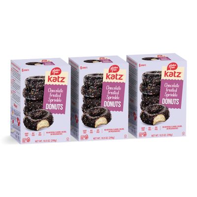 Katz Gluten Free Chocolate Frosted Sprinkle Donuts. No Artificial Color Free of Soy, Sesame, Dairy, and Nuts. Kosher 10.5oz (3pk)
