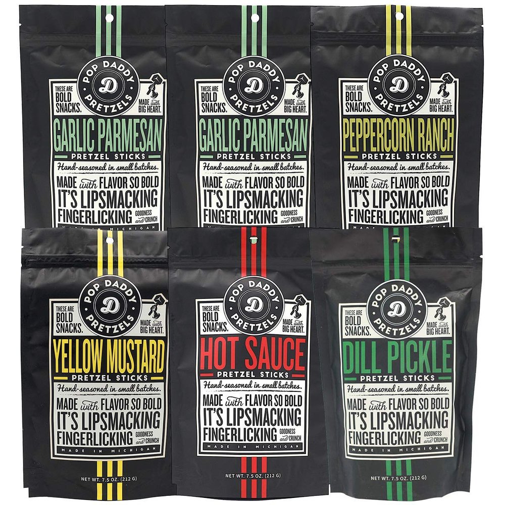 Pop Daddy Flavored Pretzels Sticks, Healthy Gourmet Pretzels, 7.5oz Variety Pack, 6 Pack, Garlic Parm (2), Peppercorn ranch (1), Hot Sauce (1), Yellow Mustard (1). Dill Pickle (1)