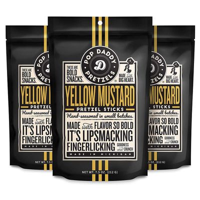 Pop Daddy Flavored Pretzels Sticks, Healthy Gourmet Pretzels Snacks, 7.5oz Individual Bags, 3 Pack, Yellow Mustard
