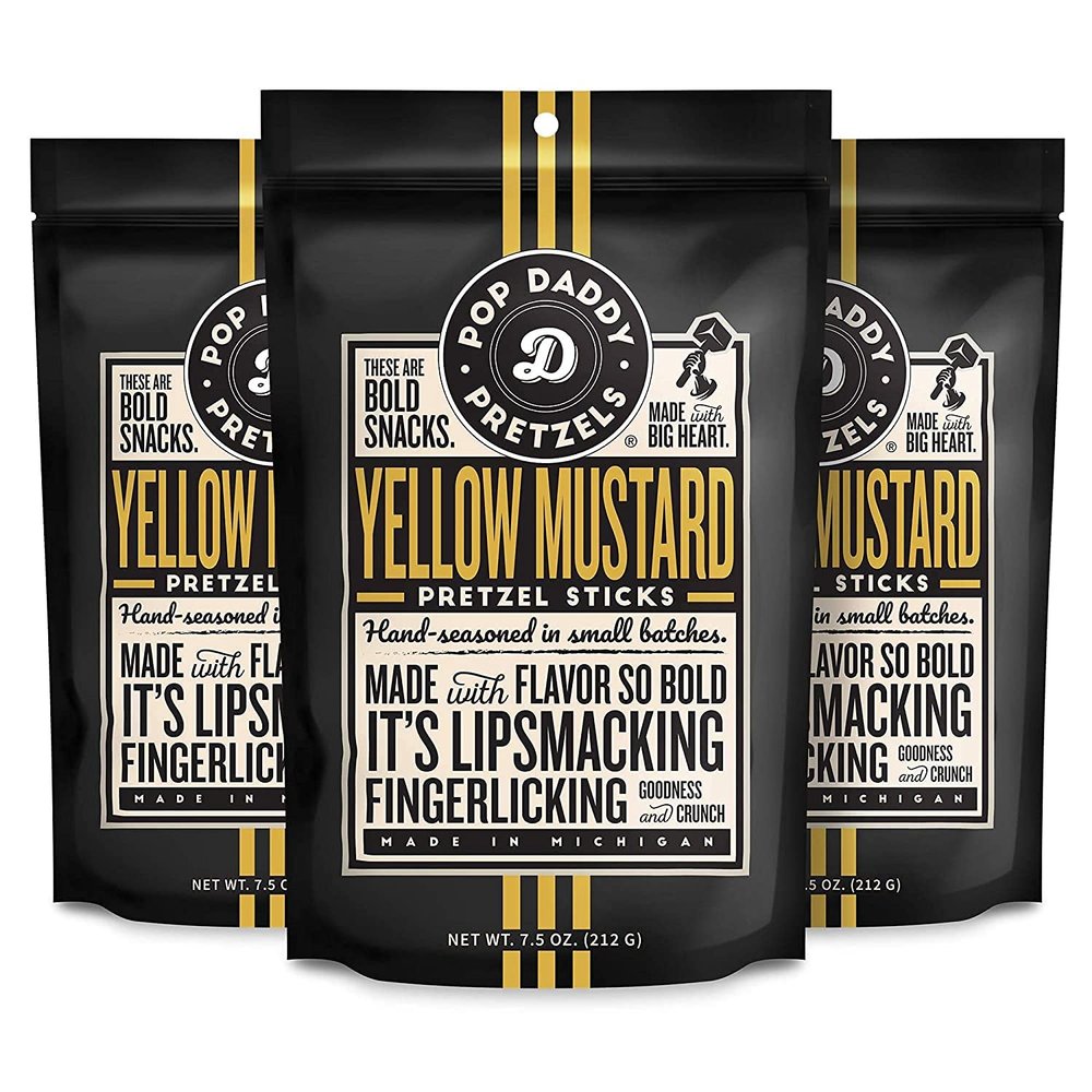 Pop Daddy Flavored Pretzels Sticks, Healthy Gourmet Pretzels Snacks, 7.5oz Individual Bags, 3 Pack, Yellow Mustard