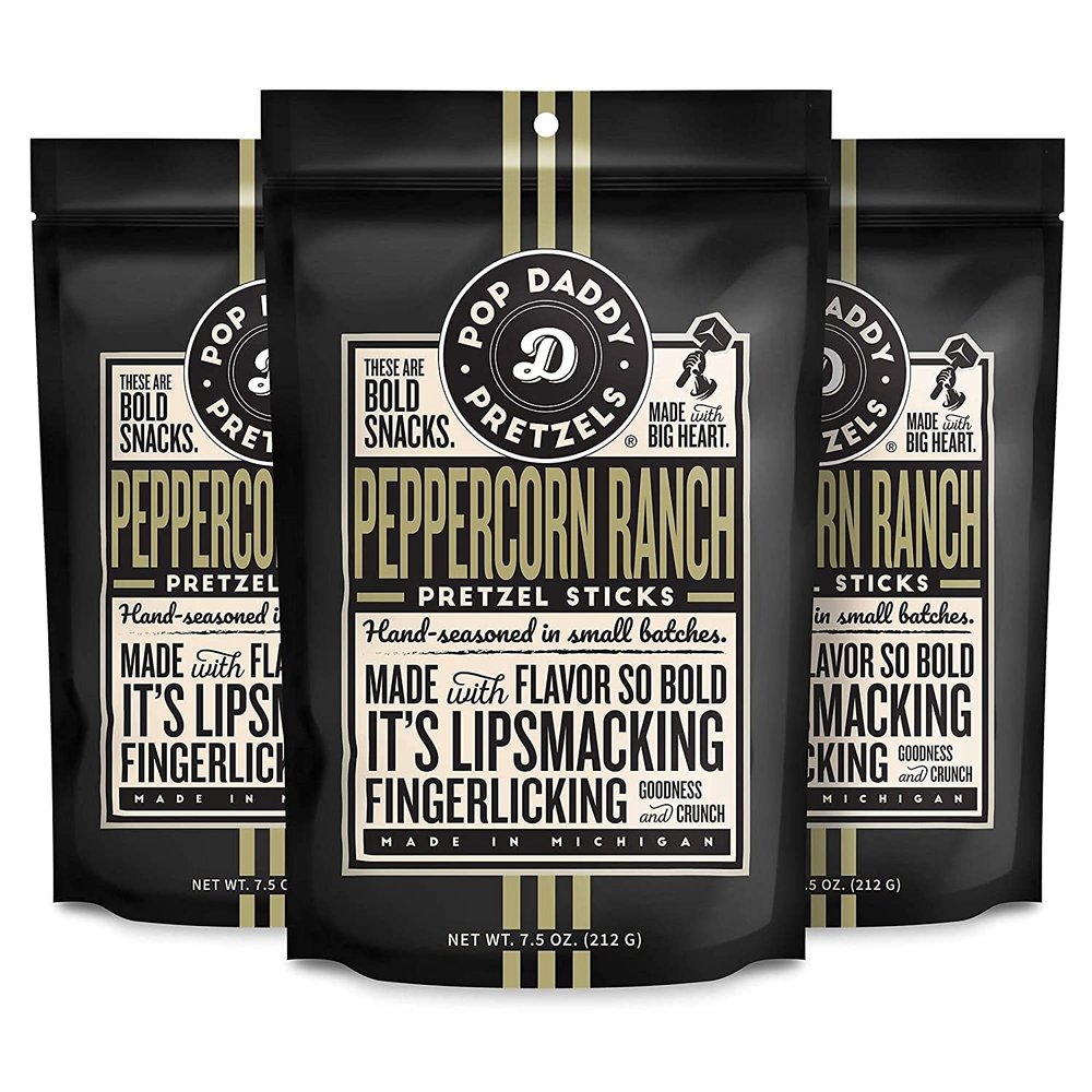 Pop Daddy Flavored Pretzels Sticks, Healthy Gourmet Pretzels Snacks, 7.5oz Individual Bags, 3 Pack, Peppercorn Ranch