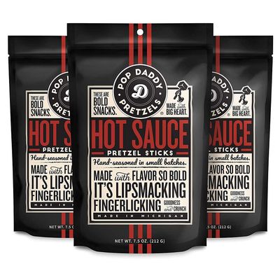 Pop Daddy Flavored Pretzels Sticks, Healthy Gourmet Pretzels Snacks, 7.5oz Individual Bags, 3 Pack, Hot Sauce
