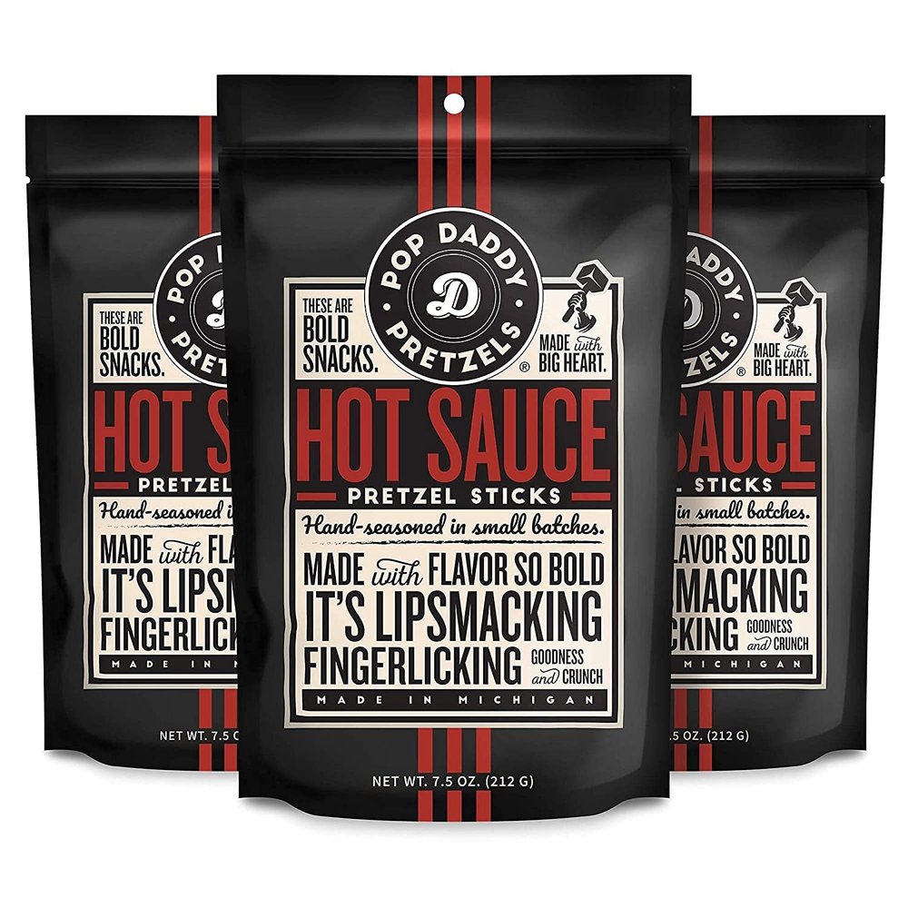 Pop Daddy Flavored Pretzels Sticks, Healthy Gourmet Pretzels Snacks, 7.5oz Individual Bags, 3 Pack, Hot Sauce