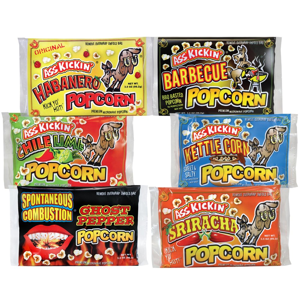 ASS KICKIN' Premium Microwave Popcorn  Variety Gift Pack (6) - Ultimate Spicy and Sweat Gourmet Gift - Try if you dare!