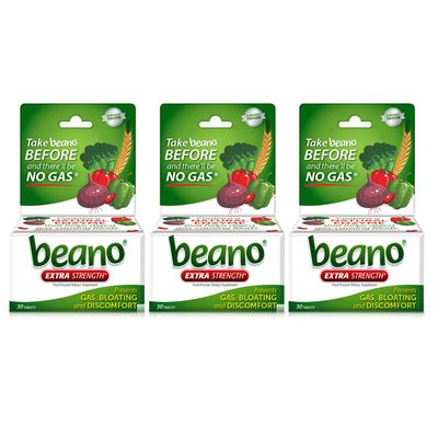 Beano Extra Strength, Digestive Enzyme Supplement, Prevents Gas, Bloating and Discomfort (Packaging May Vary) 30 Count Each (Pack of 3)