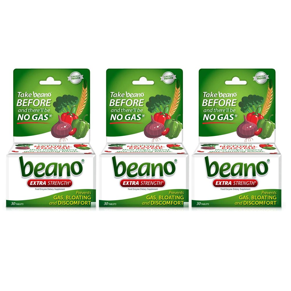 Beano Extra Strength, Digestive Enzyme Supplement, Prevents Gas, Bloating and Discomfort (Packaging May Vary) 30 Count Each (Pack of 3)