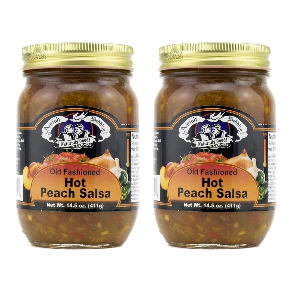 Amish Wedding Kettle Cooked Salsa, Thick and Chunky Pack of 2 14.5 ounce Jars, Hot Peach