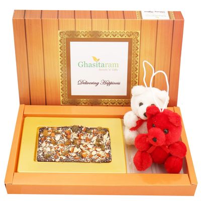 Ghasitaram Gifts Valentines Gift Valentines Day Chocolates for Girlfriend/Boyfriend/Husband and Wife Sugarfree Chocolate Dark Dryfruit Sugarfree Chocolate Bark Small with Teddies