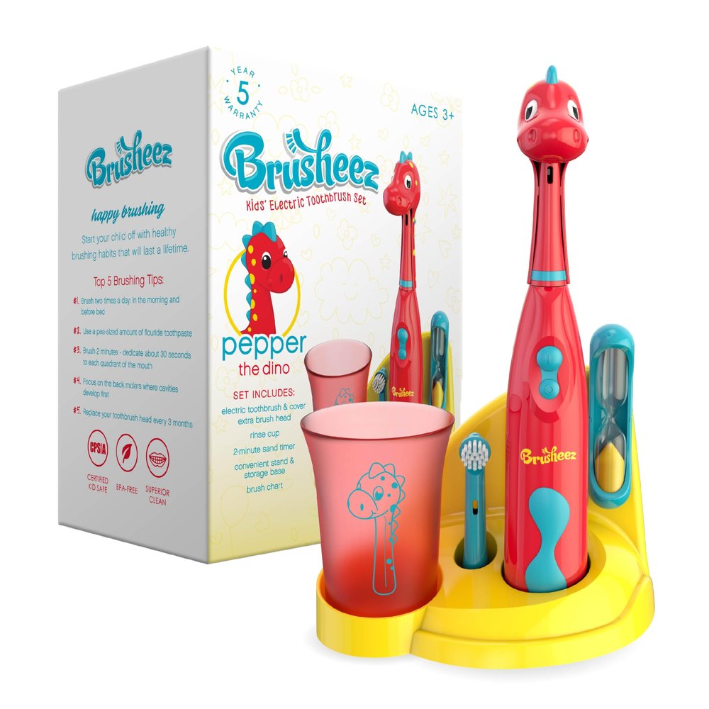 Brusheez Kids Electric Toothbrush Set - Safe & Effective for Ages 3+ - Parent Tested & Approved with Gentle Bristles, 2 Brush Heads, Rinse Cup, 2-Minute Timer, & Storage Base (Pepper The Dino)