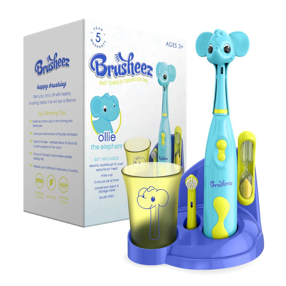 Brusheez Kids Electric Toothbrush Set - Safe & Effective for Ages 3+ - Parent Tested & Approved with Gentle Bristles, 2 Brush Heads, Rinse Cup, 2-Minute Timer, & Storage Base (Ollie The Elephant)